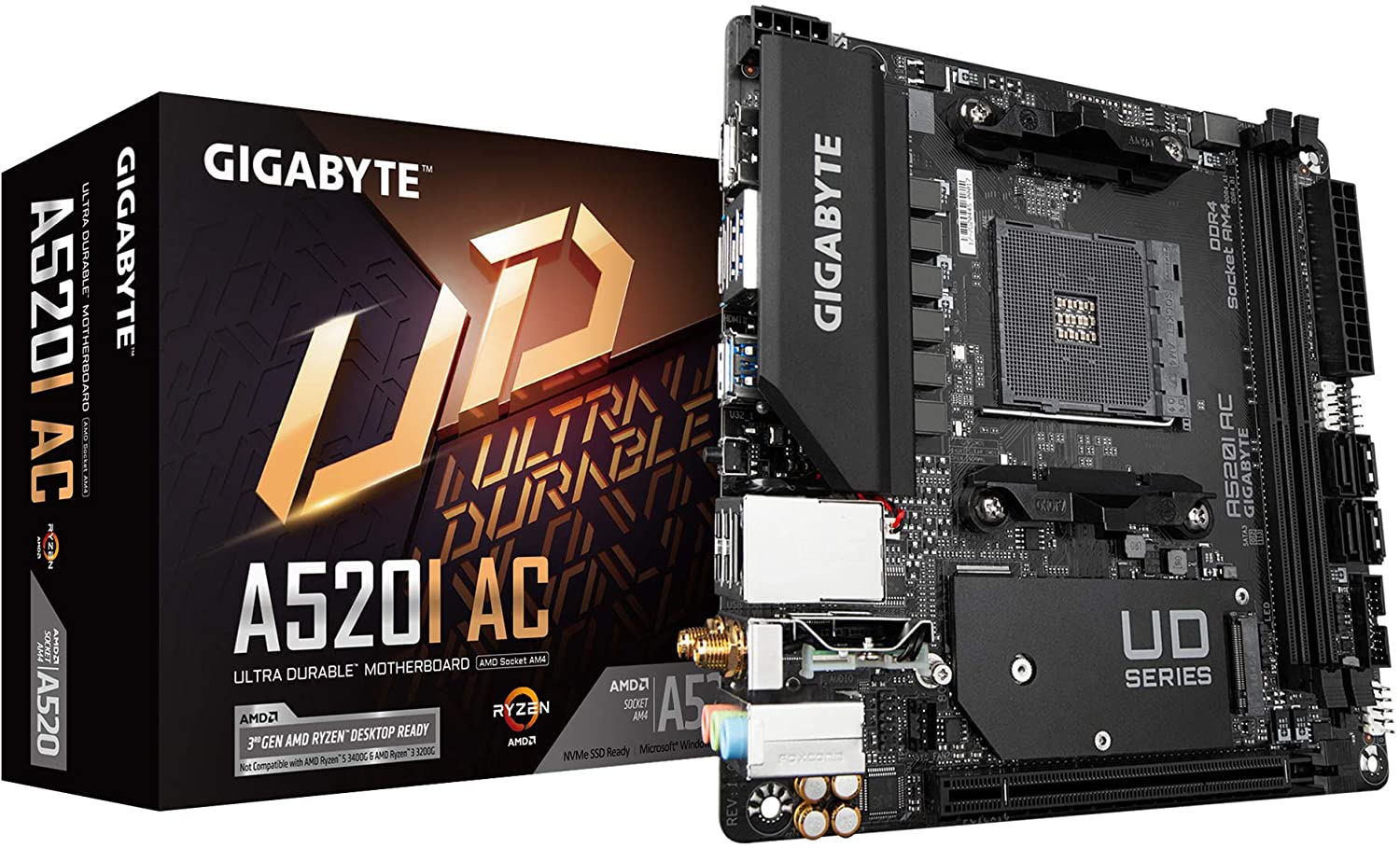 Pilt Gigabyte | A520I AC | Processor family AMD | Processor socket AM4 | DDR4 DIMM | Memory slots 2 | Number of SATA connectors 4 | Chipset AMD A | Mini ITX