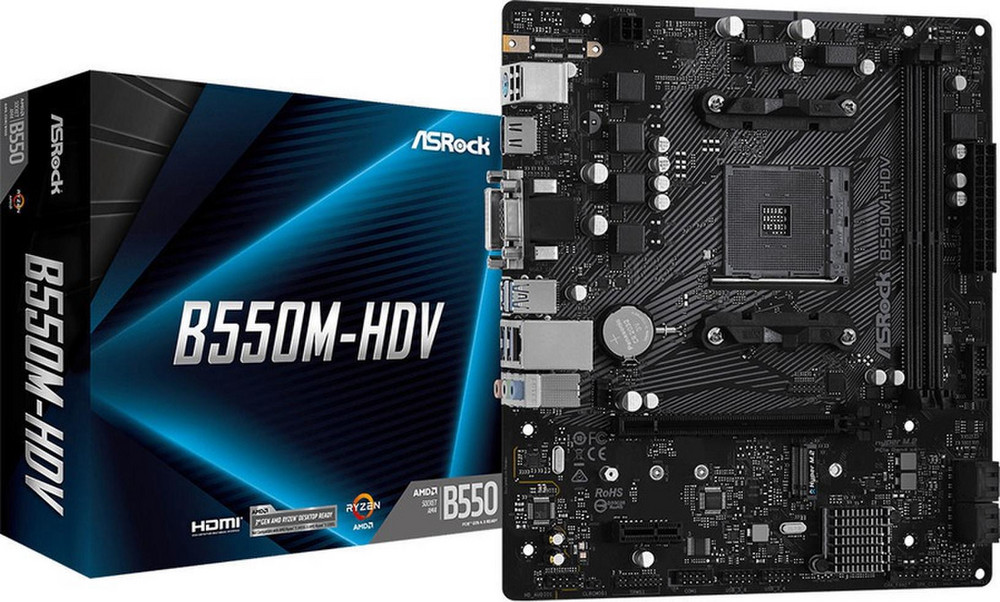 Pilt ASRock | B550M-HDV | Processor family AMD | Processor socket AMD AM4 | AMD AM4 | Memory slots 2 | Supported hard disk drive interfaces SATA3, M.2 | Number of SATA connectors 4 | Chipset AMD B550 | Micro ATX