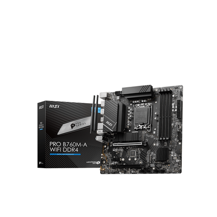 Pilt MSI | PRO B760M-A WIFI | Processor family Intel | Processor socket  LGA1700 | Memory slots 4 | Supported hard disk drive interfaces 	SATA, M.2 | Number of SATA connectors 4 | Chipset Intel B760 | mATX