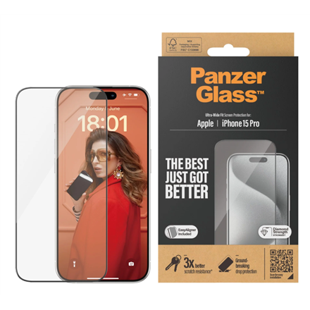 Pilt PanzerGlass | Screen protector | Apple | iPhone 15 Pro | Glass | Clear | Easy installation; Fingerprint resistant; Anti-yellowing | Ultra-Wide Fit