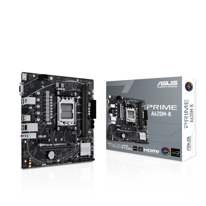 Pilt Asus | PRIME A620M-K | Processor family AMD | Processor socket AM5 | DDR5 DIMM | Memory slots 2 | Supported hard disk drive interfaces 	SATA, M.2 | Number of SATA connectors 4 | Chipset AMD A620 | micro-ATX