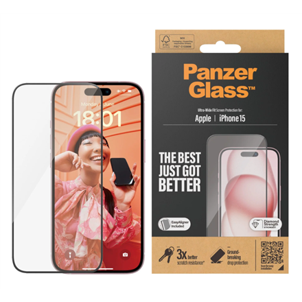 Pilt PanzerGlass | Screen protector | Apple | iPhone 15 | Glass | Clear | Easy installation; Fingerprint resistant; Anti-yellowing | Ultra-Wide Fit