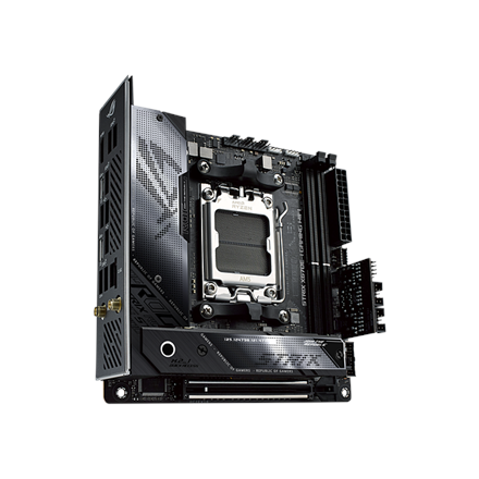 Pilt Asus | ROG STRIX X670E-I GAMING WIFI | Processor family AMD | Processor socket AM5 | DDR5 DIMM | Memory slots 2 | Supported hard disk drive interfaces SATA, M.2 | Number of SATA connectors 2 | Chipset  AMD X670 | Mini-ITX