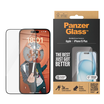 Pilt PanzerGlass | Screen protector | Apple | IPhone 15 Plus | Glass | Transparent | Ultra-wide fit, Scratch resistant, Drop protection, EasyAligner included