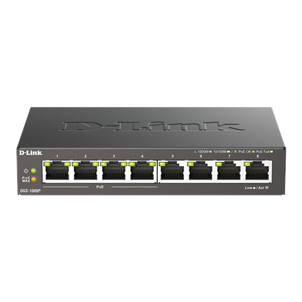 Pilt D-Link | 8-Port Gigabit PoE Switch (4xPoE) | DGS-1008P | Unmanaged | Desktop | 1 Gbps (RJ-45) ports quantity | SFP ports quantity | PoE ports quantity | PoE+ ports quantity | Power supply type External | month(s)