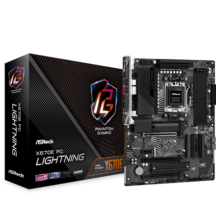 Pilt ASRock | X670E PG Lightning | Processor family AMD | Processor socket AM5 | DDR5 DIMM | Memory slots 4 | Supported hard disk drive interfaces SATA3, M.2 | Number of SATA connectors 4 | Chipset AMD X670 | ATX