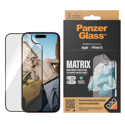 Pilt PanzerGlass | Screen protector | Apple | iPhone 15 | Recycled plastic | Transparent | Ultra-Wide Fit; Easy installation; Fingerprint resistant; Anti-yellowing; Touch sensitivity | MATRIX with D3O