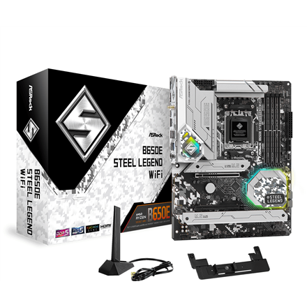 Pilt ASRock | B650E Steel Legend WiFi | Processor family AMD | Processor socket AM5 | DDR5 DIMM | Memory slots 4 | Supported hard disk drive interfaces SATA3, M.2 | Number of SATA connectors 2 | Chipset AMD B650 | ATX