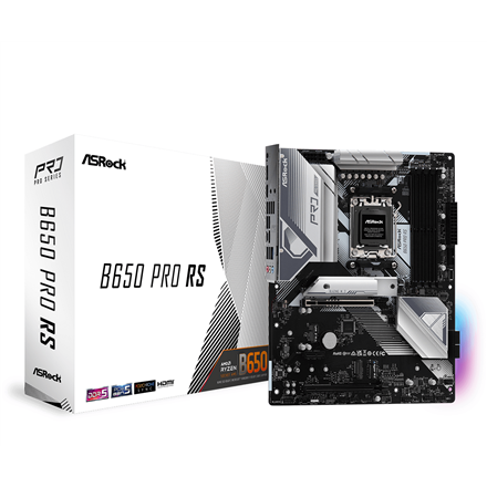 Pilt ASRock | B650 Pro RS | Processor family AMD | Processor socket AM5 | DDR5 DIMM | Memory slots 4 | Supported hard disk drive interfaces SATA3, M.2 | Number of SATA connectors 4 | Chipset AMD B650 | ATX