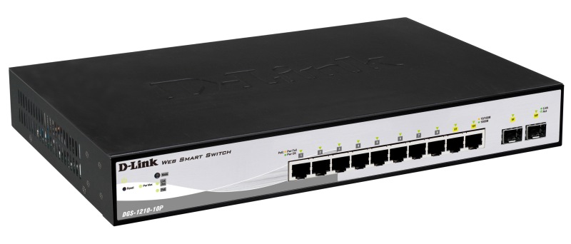 Pilt D-LINK DGS-1210-10P, Gigabit Smart III Switch with 8 10/100/1000Base-T PoE ports and 2 combo 1000Base-T/MiniGBIC (SFP) ports, 802.3x Flow Control, Port Trunking, 802.1Q VLAN, 802.1p Priority Queues, Port mirroring, Jumbo Frame support, 802.1D STP, ACL, LLDP, Cable Diagnostics, Voice VLAN, CLI | D-Link | 24 month(s)