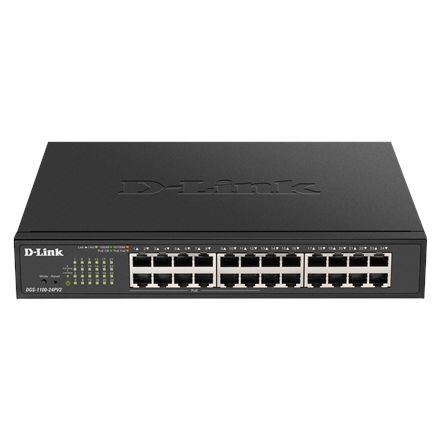 Pilt D-Link | Smart Switch | DGS-1100-24PV2 | Managed | Rack Mountable | 10/100 Mbps (RJ-45) ports quantity | 1 Gbps (RJ-45) ports quantity | SFP ports quantity | PoE ports quantity 12 | PoE+ ports quantity | Power supply type Single | month(s)