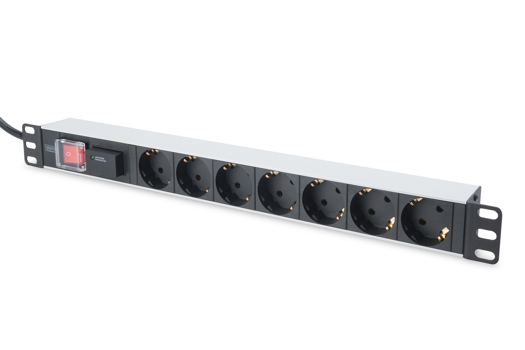 Pilt Digitus | 1U Aluminum PDU, rackmountable, 7x safety outlet 16A Plug, 250VAC 50/60Hz, switch, surge protection | DN-95407