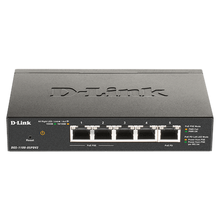 Pilt D-Link | 5-Port Gigabit PoE Smart Managed Switch and PoE Extender | DGS-1100-05PDV2 | Web managed | Desktop | 1 Gbps (RJ-45) ports quantity | SFP ports quantity | PoE ports quantity | PoE+ ports quantity | Power supply type External | month(s)