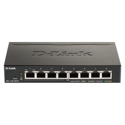 Pilt D-Link | 8-Port Gigabit PoE Smart Managed Switch | DGS-1100-08PV2 | Web managed | Desktop | 1 Gbps (RJ-45) ports quantity | SFP ports quantity | PoE ports quantity | PoE+ ports quantity | Power supply type External | month(s)