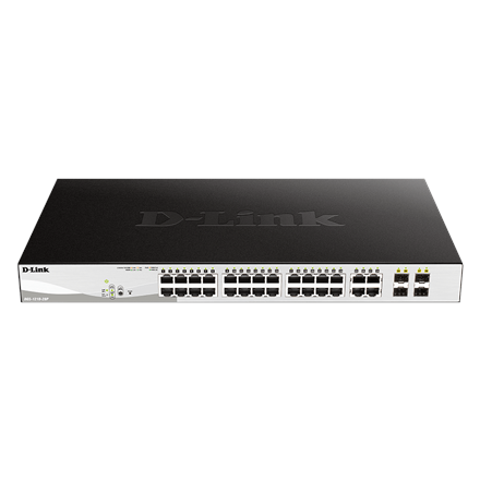 Pilt D-Link | 28-Port Gigabit Smart Managed PoE Switch | DGS-1210-28P | Managed L2+ | Desktop | 1 Gbps (RJ-45) ports quantity | SFP ports quantity | PoE ports quantity | PoE+ ports quantity | Power supply type External | month(s)