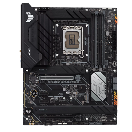 Pilt Asus | TUF GAMING H670-PRO WIFI D4 | Processor family Intel | Processor socket  LGA1700 | DDR4 DIMM | Memory slots 4 | Supported hard disk drive interfaces SATA, M.2 | Number of SATA connectors 4 | Chipset H670 | ATX