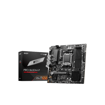 Pilt MSI | PRO B650M-P | Processor family AMD | Processor socket AM5 | DDR5 | Memory slots 4 | Supported hard disk drive interfaces 	SATA, M.2 | Number of SATA connectors 4 | Chipset AMD B650 | mATX