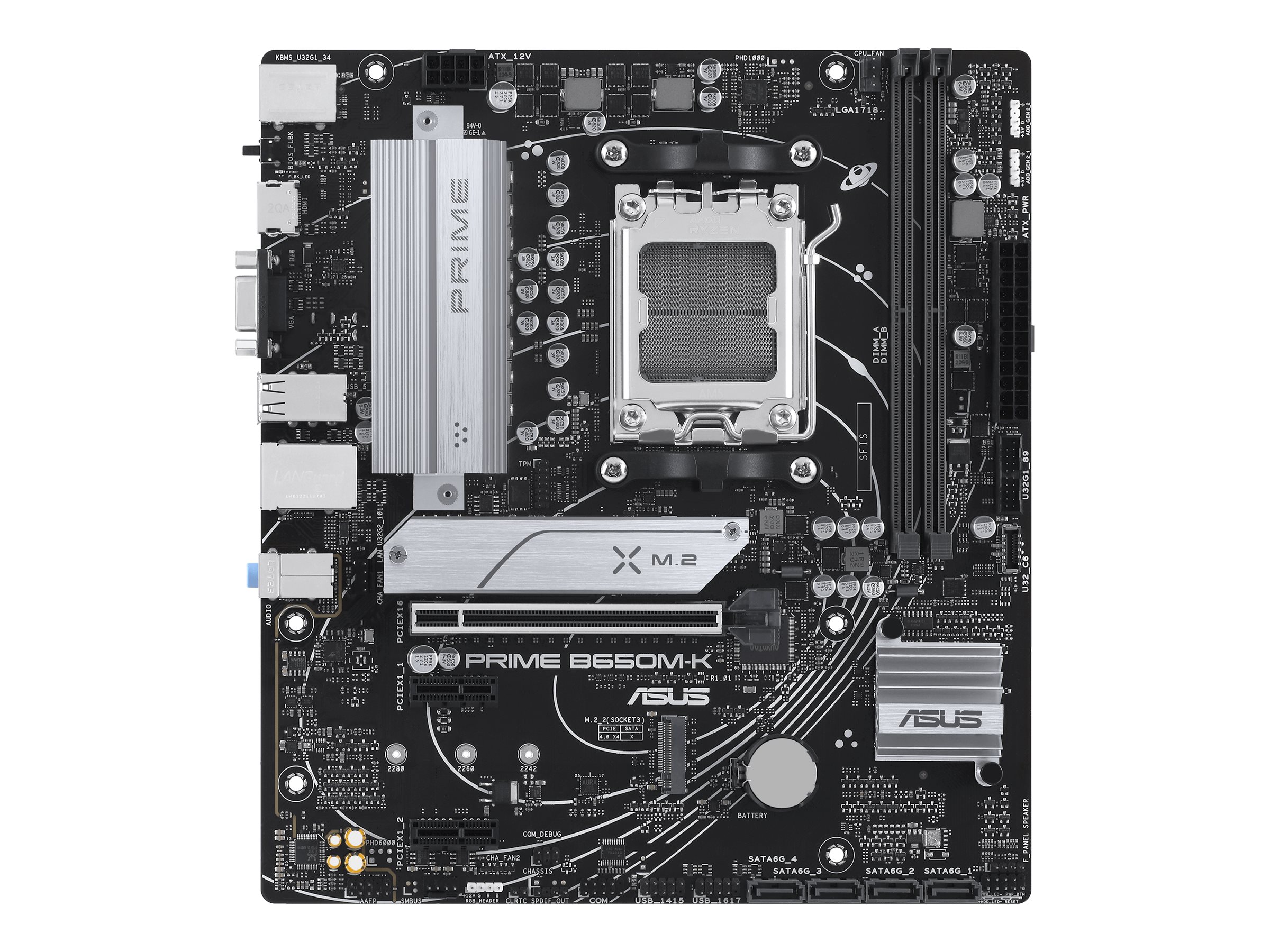 Pilt Asus | PRIME B650M-K | Processor family AMD | Processor socket AM5 | DDR5 | Supported hard disk drive interfaces SATA, M.2 | Number of SATA connectors 4