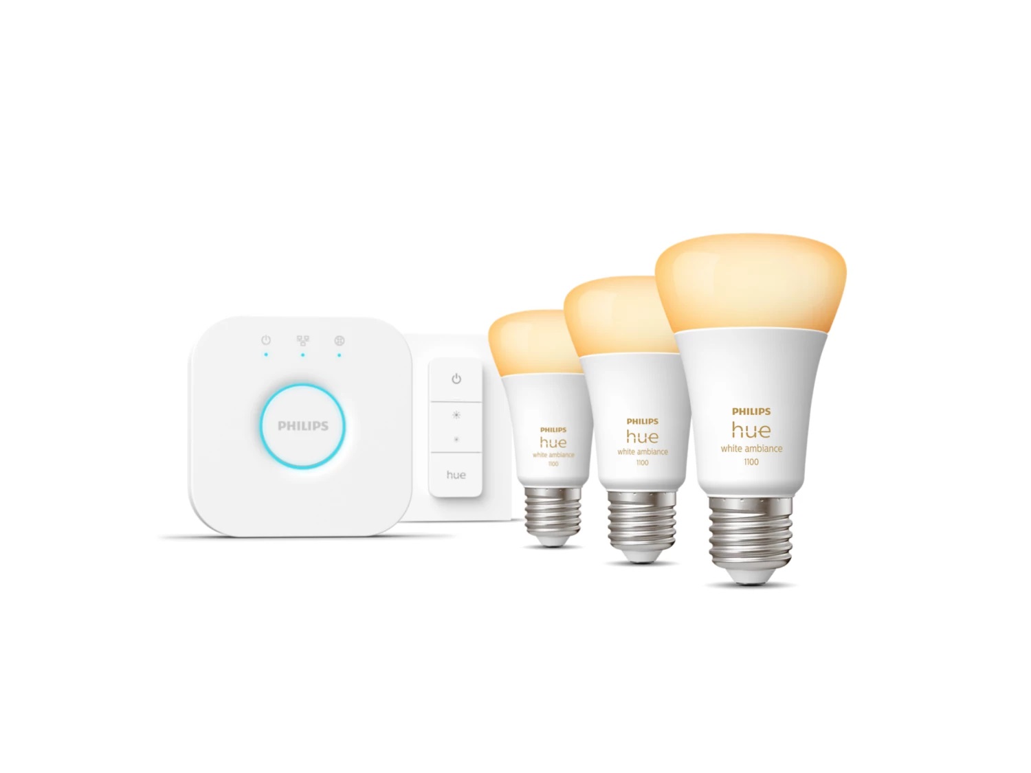 Pilt Philips HueWA Starter Kit 11W A60 E27 3pcs, Bridge, SwitchE2711 WWarm to cool white 2200-6500K + 16 million colorsBluetooth and Zigbee