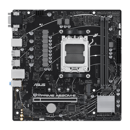 Pilt Asus | PRIME A620M-E | Processor family AMD | Processor socket AM5 | DDR5 DIMM | Memory slots 2 | Supported hard disk drive interfaces SATA, M.2 | Number of SATA connectors 4 | Chipset AMD A620 | Micro-ATX