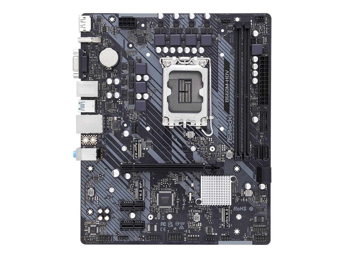 Pilt ASRock | B660M-HDV | Processor family Intel | Processor socket LGA1700 | DDR4 | Supported hard disk drive interfaces SATA, M.2 | Number of SATA connectors 4