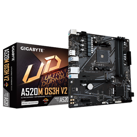 Pilt Gigabyte | A520M DS3H V2 | Processor family AMD | Processor socket AM4 | DDR4 DIMM | Memory slots 2 | Number of SATA connectors 4 | Chipset AMD A520 | Micro ATX