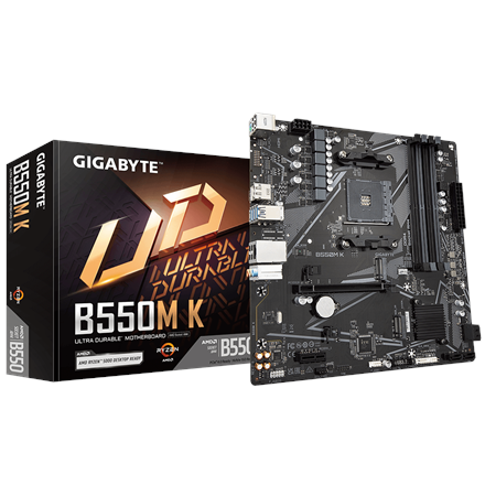 Pilt Gigabyte | B550M K 1.0 M/B | Processor family AMD | Processor socket AM4 | DDR4 DIMM | Memory slots 4 | Supported hard disk drive interfaces 	SATA, M.2 | Number of SATA connectors 4 | Chipset AMD B550 | Micro ATX