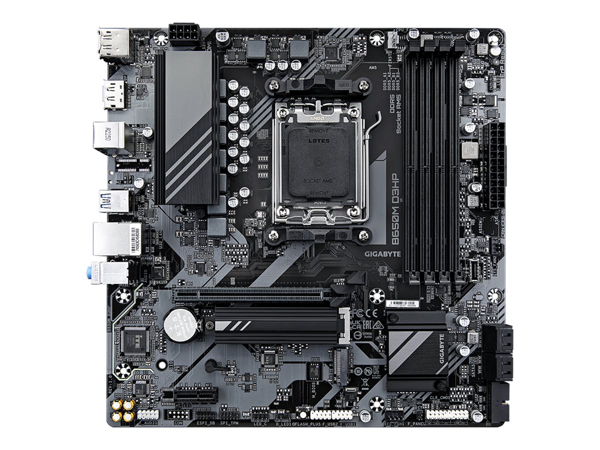 Pilt Gigabyte | B650M D3HP | Processor family AMD | Processor socket AM5 | DDR5 DIMM | Memory slots 1 | Supported hard disk drive interfaces SATA, M.2 | Number of SATA connectors 4 | Chipset AMD B650 | Micro ATX