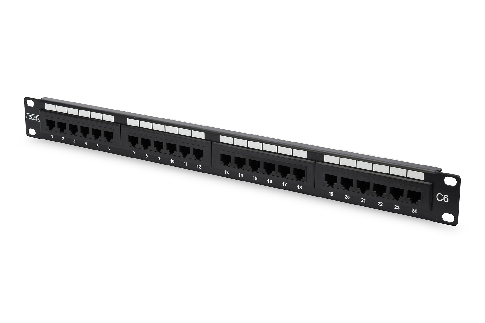 Pilt Digitus | Patch Panel | DN-91624U | Black | Category: CAT 6; Ports: 24 x RJ45; Retention strength: 7.7 kg; Insertion force: 30N max | 48.2 x 4.4 x 10.9 cm