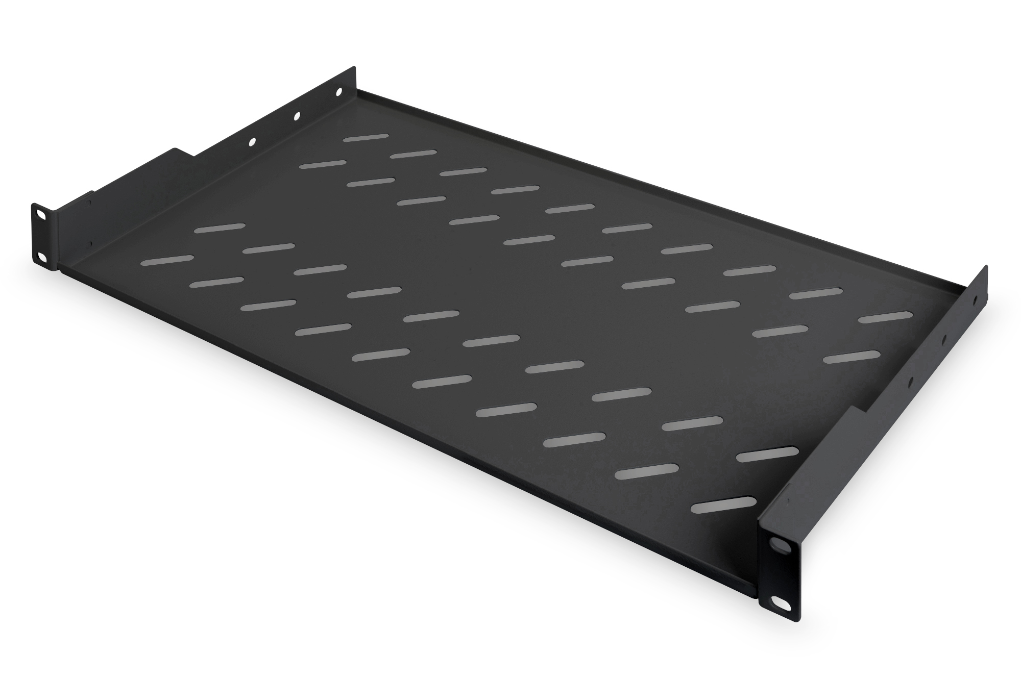 Pilt Digitus | Fixed Shelf for Racks | DN-19 TRAY-1-SW | Black | The shelves for fixed mounting can be installed easy on the two front 483 mm (19“) profile rails of your 483 mm (19“) network- or server cabinet. Due to their stable, perforated steel sheet with a high load capacity, they are the optimal surface for components which are not 483 mm (19”) suitable