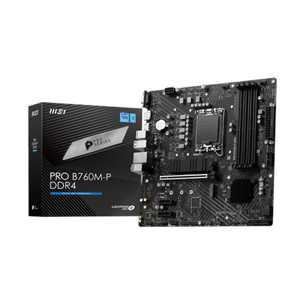 Pilt MSI | PRO B760M-P DDR4 | Processor family Intel | Processor socket  LGA1700 | DDR4 DIMM | Memory slots 4 | Supported hard disk drive interfaces 	SATA, M.2 | Number of SATA connectors 4 | Chipset Intel B760 | mATX