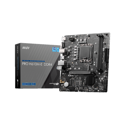 Pilt MSI | PRO H610M-E DDR4 | Processor family Intel | Processor socket  LGA1700 | DDR4 DIMM | Memory slots 2 | Supported hard disk drive interfaces 	SATA, M.2 | Number of SATA connectors 4 | Chipset Intel H610 | Mirco-ATX