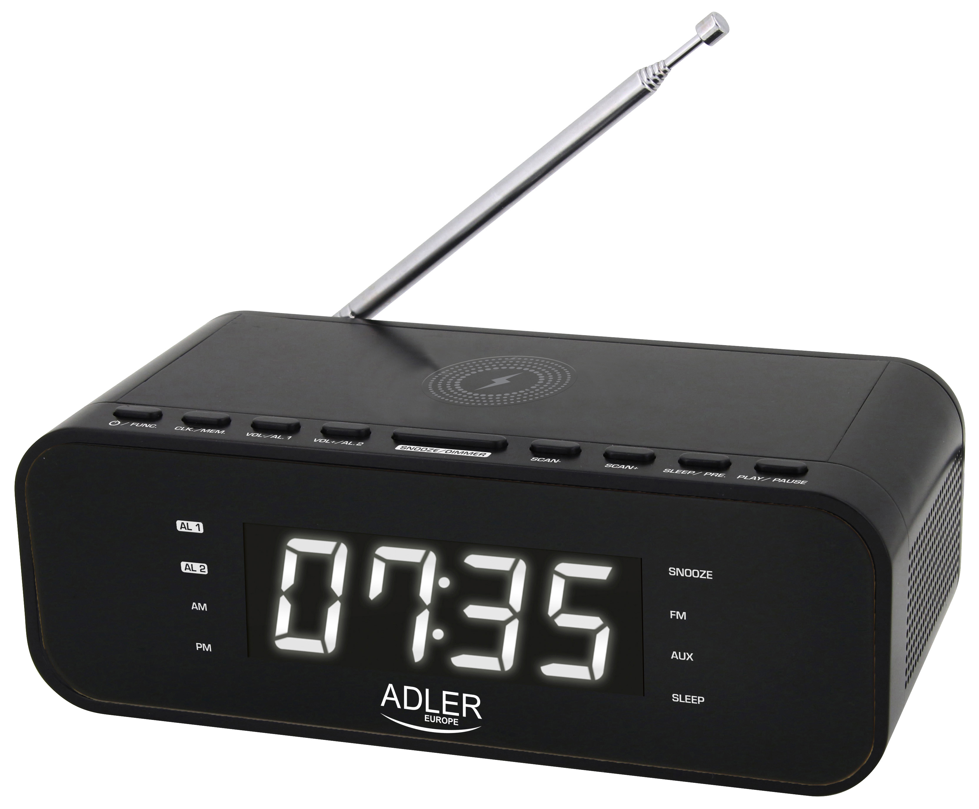 Pilt Adler | AD 1192B | Alarm Clock with Wireless Charger | W | AUX in | Black | Alarm function