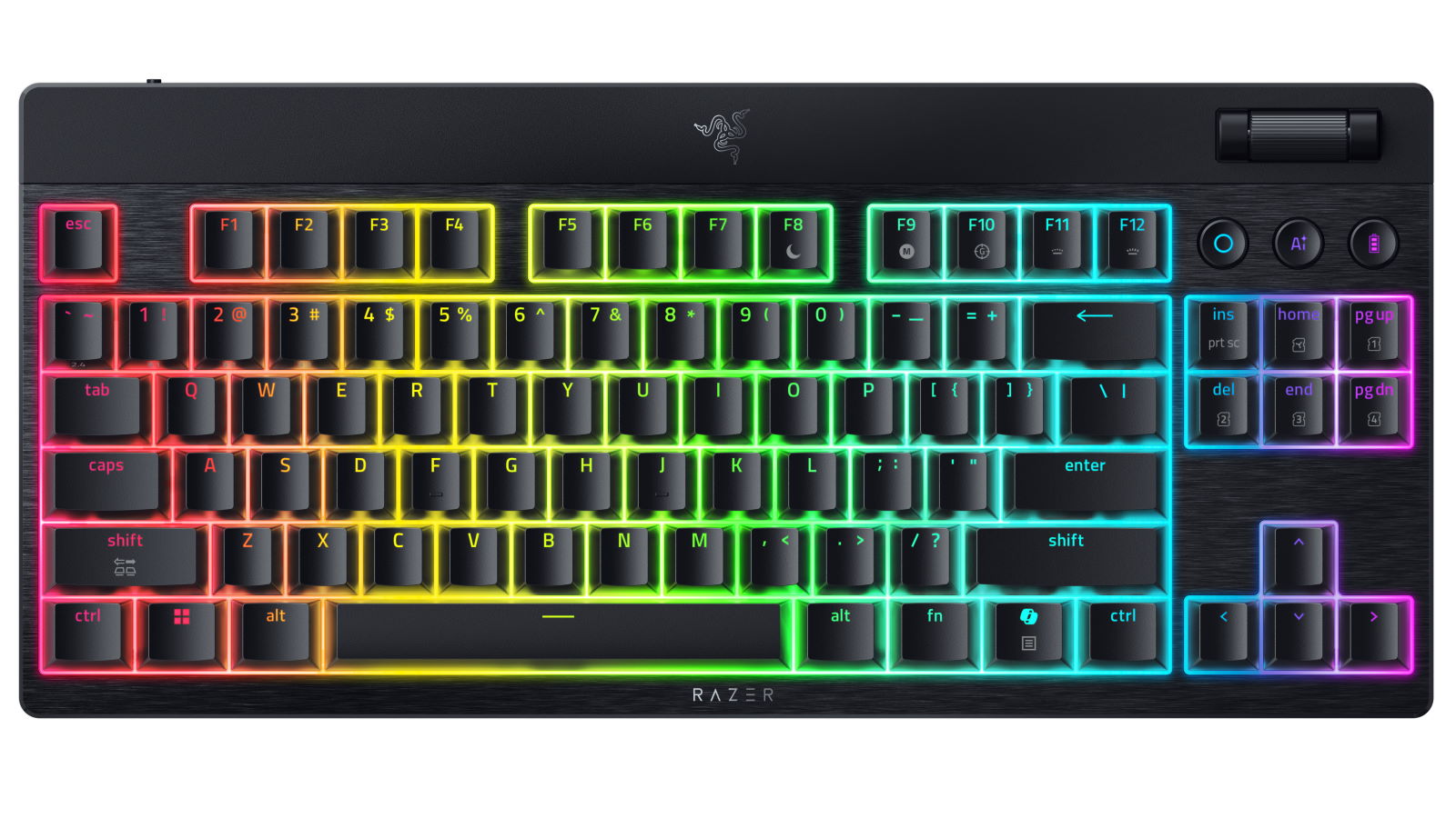 Pilt Razer | BlackWidow V4 Low-Profile Tenkeyless HyperSpeed | Keyboard | Wireless | US | Bluetooth | Black | Yellow Switches