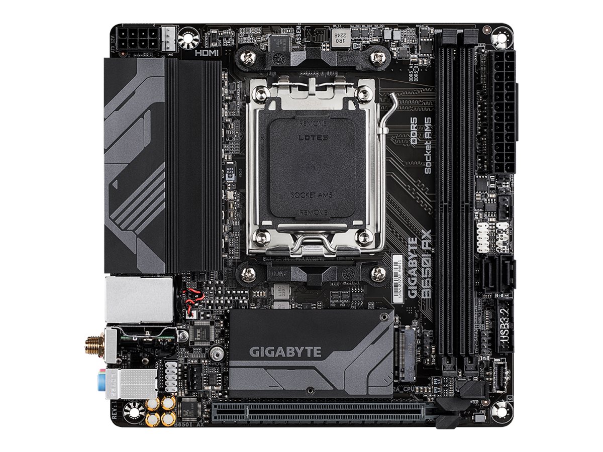 Pilt Gigabyte | B650I AX 1.0 | Processor family AMD | Processor socket AM5 | DDR5 DIMM | Supported hard disk drive interfaces SATA, M.2 | Number of SATA connectors 2