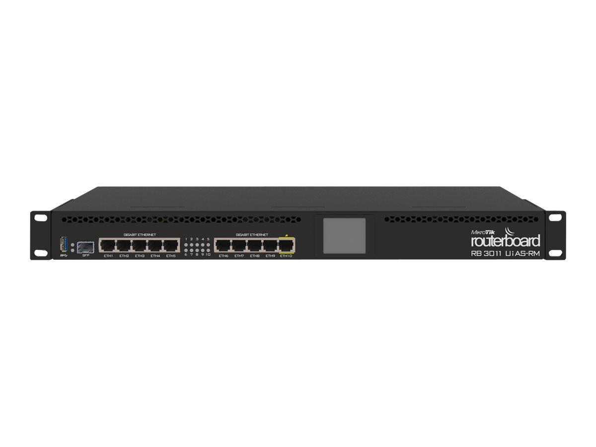 Pilt ikrotik Wired Ethernet Router RB3011UiAS-RM, 1U Rackmount, Dual Core 1.4GHz CPU, 1GB RAM, 128 MB, 10xGigabit LAN, 1xSFP, 1xSerial console port, PoE out on port 10, USB, Touchscreen LCD Panel, PCB temperature and Voltage Monitor, IP20, RouterOS Level5 | Router | RB3011UIAS-RM | No Wi-Fi | Mbit/s | 10/100/1000 Mbit/s | Ethernet LAN (RJ-45) ports 10 | Mesh Support No | MU-MiMO No | No mobile broadban