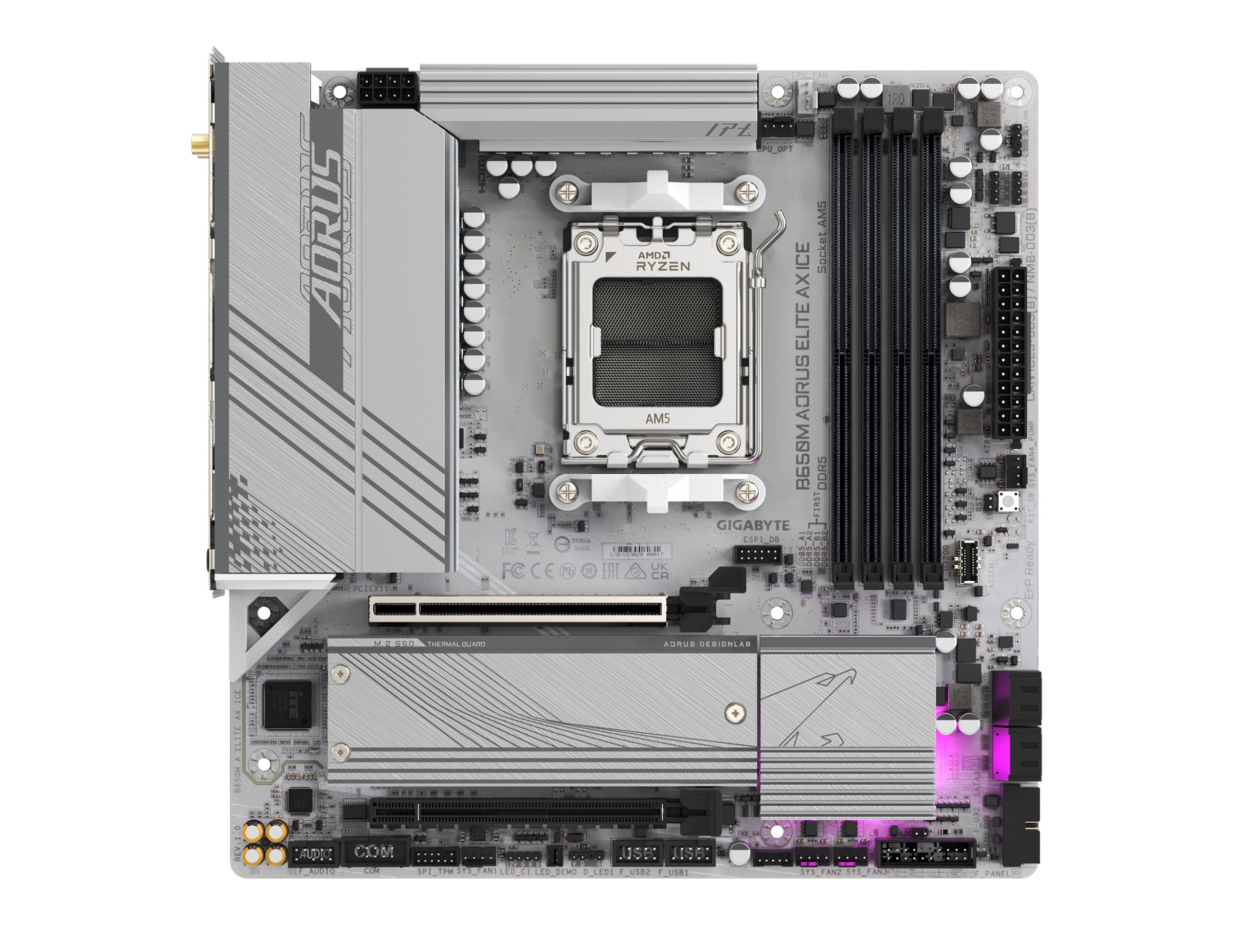 Pilt Gigabyte | B650M A ELITE AX ICE | Processor family AMD | Processor socket AM5 | DDR5 | Supported hard disk drive interfaces SATA, M.2 | Number of SATA connectors 4