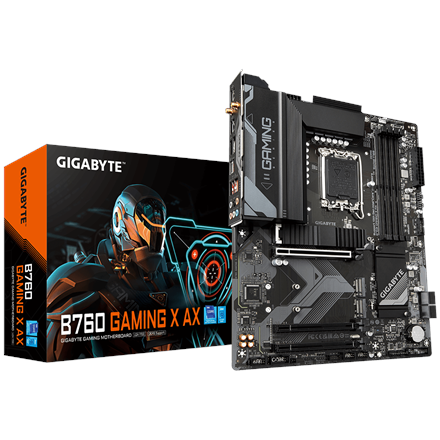 Pilt Gigabyte | B760 GAMING X AX 1.1 M/B | Processor family Intel | Processor socket  LGA1700 | DDR5 DIMM | Memory slots 4 | Supported hard disk drive interfaces 	SATA, M.2 | Number of SATA connectors 4 | Chipset Intel B760 Express | ATX