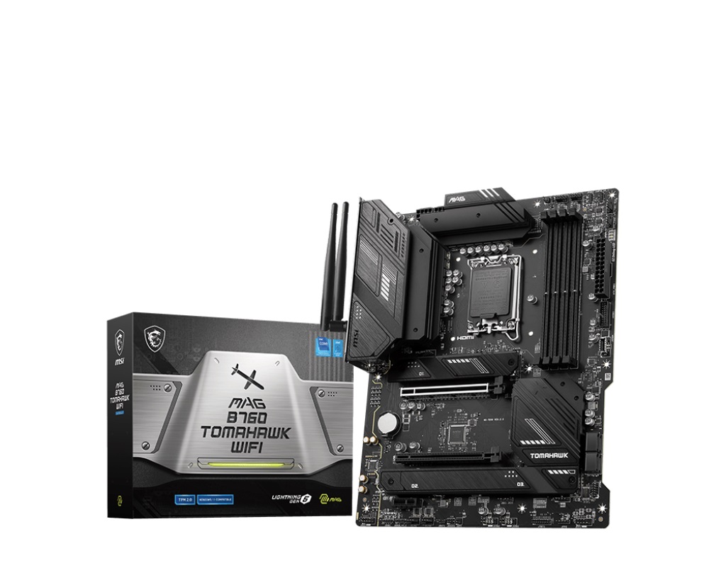 Pilt MSI | MAG B760 TOMAHAWK WIFI | Processor family Intel | Processor socket LGA1700 | DDR5 | Supported hard disk drive interfaces SATA, M.2 | Number of SATA connectors 4