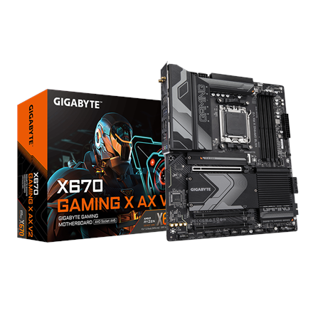 Pilt Gigabyte | X670 GAMING X AX V2 | Processor family AMD | Processor socket AM5 | DDR5 DIMM | Supported hard disk drive interfaces SATA, M.2 | Number of SATA connectors 4