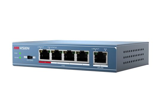 Pilt Hikvision | Switch | DS-3E0105P-E | Unmanaged | Desktop | 10/100 Mbps (RJ-45) ports quantity 4 | Gigabit Ethernet (copper) ports quantity 1 | Power over Ethernet (PoE) ports quantity 4 | Power supply type  51V DC, 1.25A