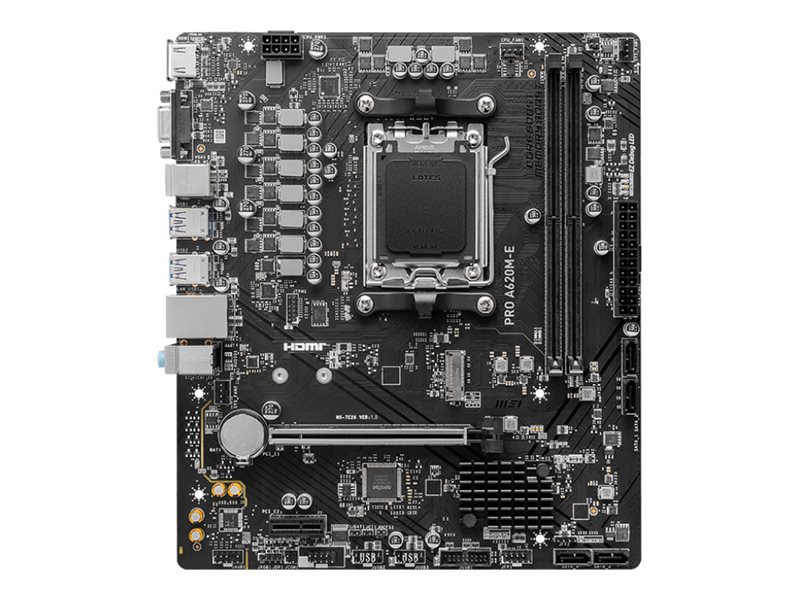 Pilt MSI | PRO A620M-E | Processor family AMD | Processor socket AM5 | DDR5 | Supported hard disk drive interfaces SATA, M.2 | Number of SATA connectors 4