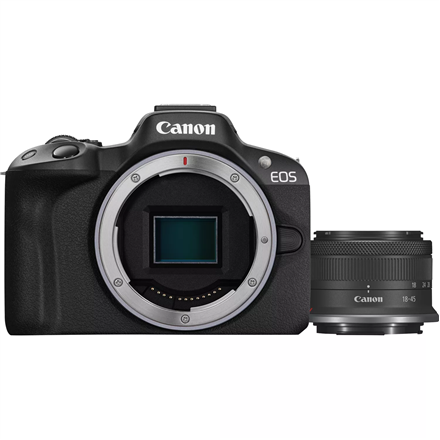 Pilt Canon | EOS R50 + RF-S 18-45mm F4.5-6.3 IS STM (SIP) | Megapixel 24.2 MP | Image stabilizer | ISO sensitivity (max) 32000 | Display diagonal 2.95 " | Wi-Fi | Video recording | Automatic, manual | CMOS | Black