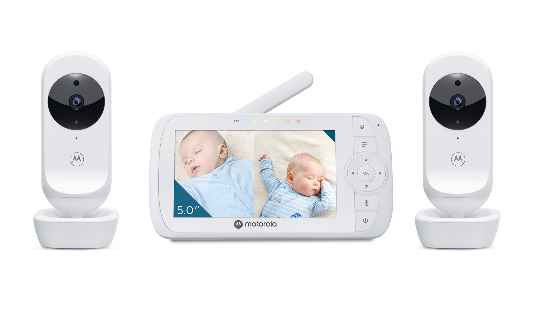 Pilt Motorola | Video Baby Monitor - Two camera pack | VM35-2 5.0" | 5.0" diagonal color screen; 5 x preloaded lullabies; Two-way talk; Room temperature monitoring; Infrared night vision; LED sound level indicator; 2.4GHz FHSS wireless technology for in-home viewing; Digital zoom x 2; High sensitivity microphone; Rechargeable parent unit; Secure and private connection; Split-screen viewing | White