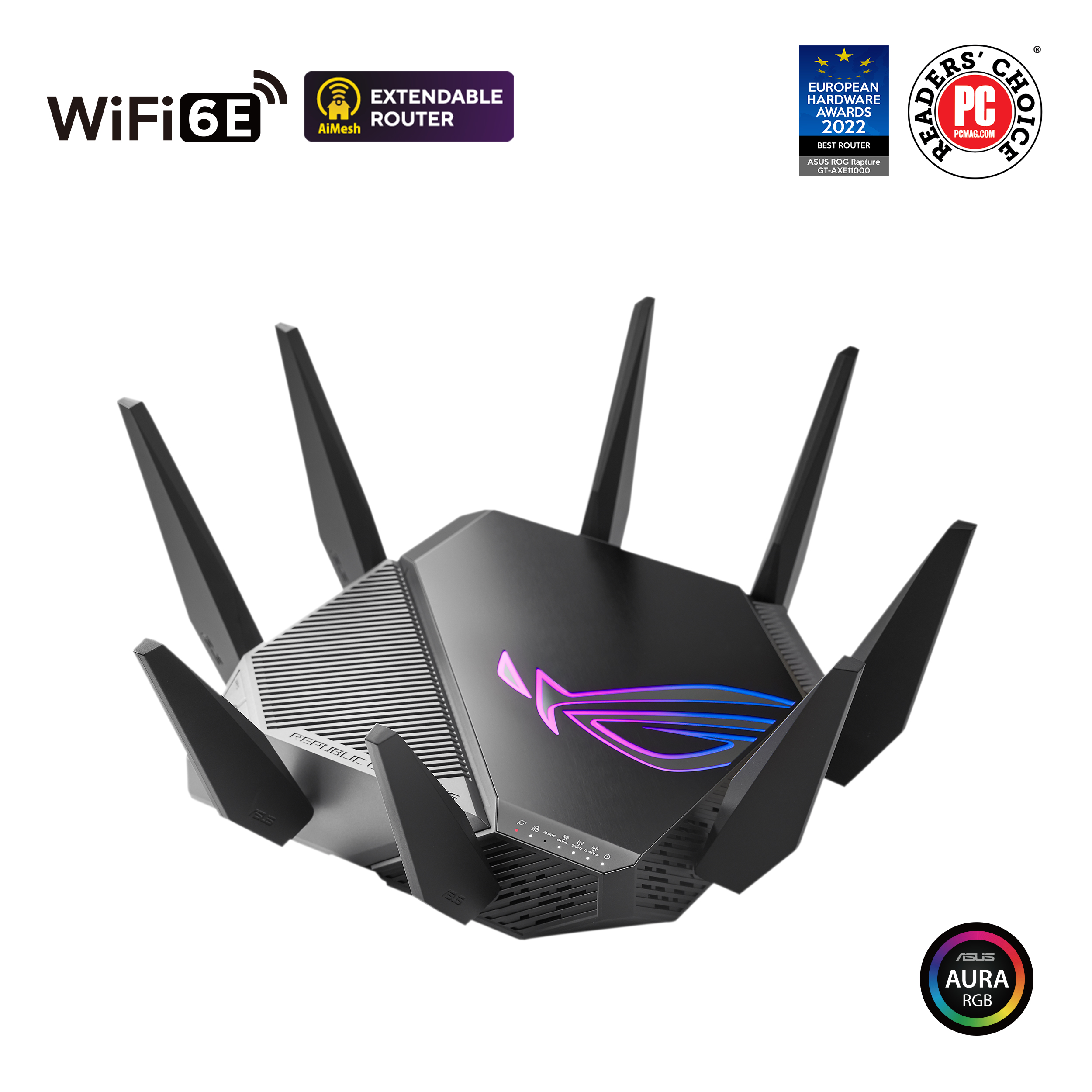 Pilt Wi-Fi 6 Tri-Band Gigabit Gaming Router | ROG GT-AXE11000 Rapture | 802.11ax | 1148+4804+4804 Mbit/s | 10/100/1000/2500 Mbit/s | Ethernet LAN (RJ-45) ports 5 | Mesh Support Yes | MU-MiMO Yes | No mobile broadband | Antenna type External | 2xUSB 3.2 | month(s)