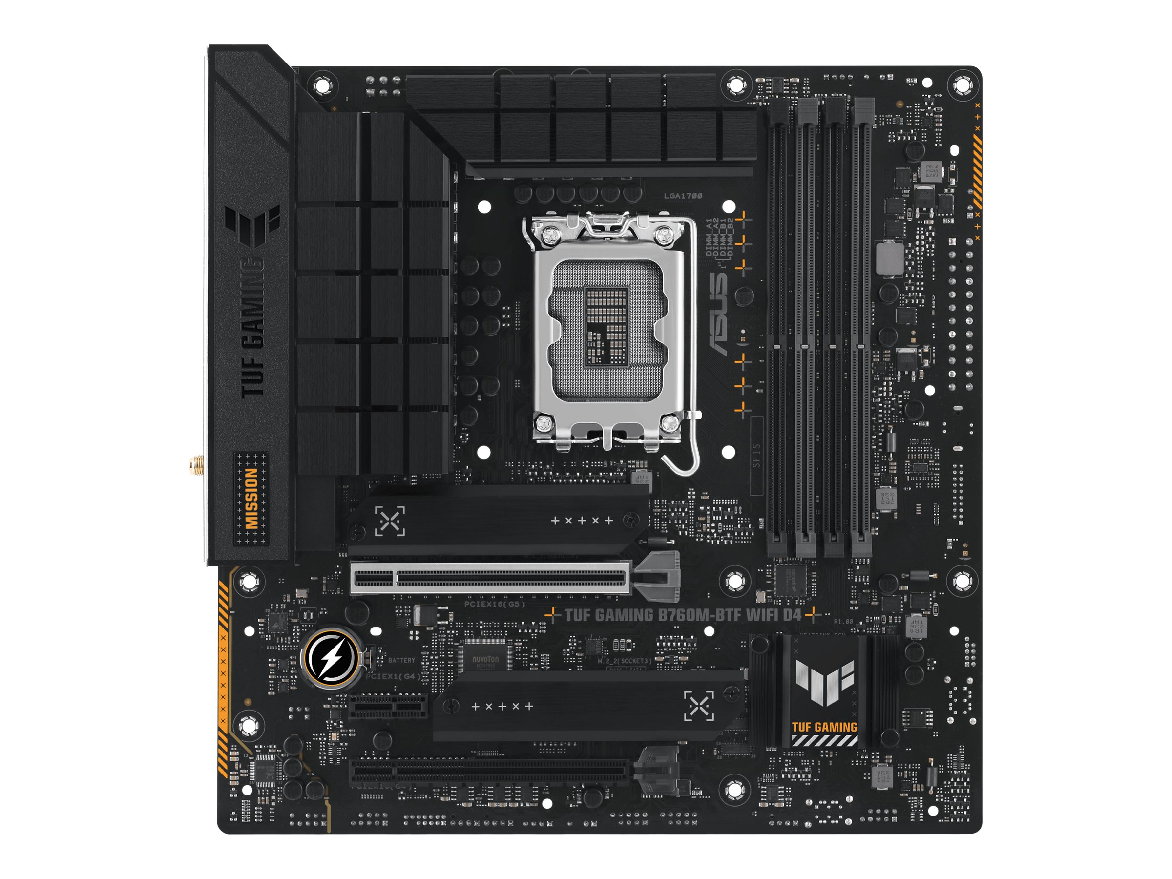 Pilt Asus | TUF GAMING B760M-BTF WIFI | Processor family Intel | Processor socket LGA1700 | DDR5 | Supported hard disk drive interfaces M.2, SATA | Number of SATA connectors 4