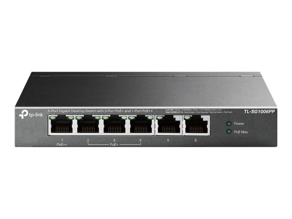 Pilt TP-LINK | 6-Port Gigabit Switch with 3-Port PoE+ and 1-Port PoE++ | TL-SG1006PP | Unmanaged | Desktop