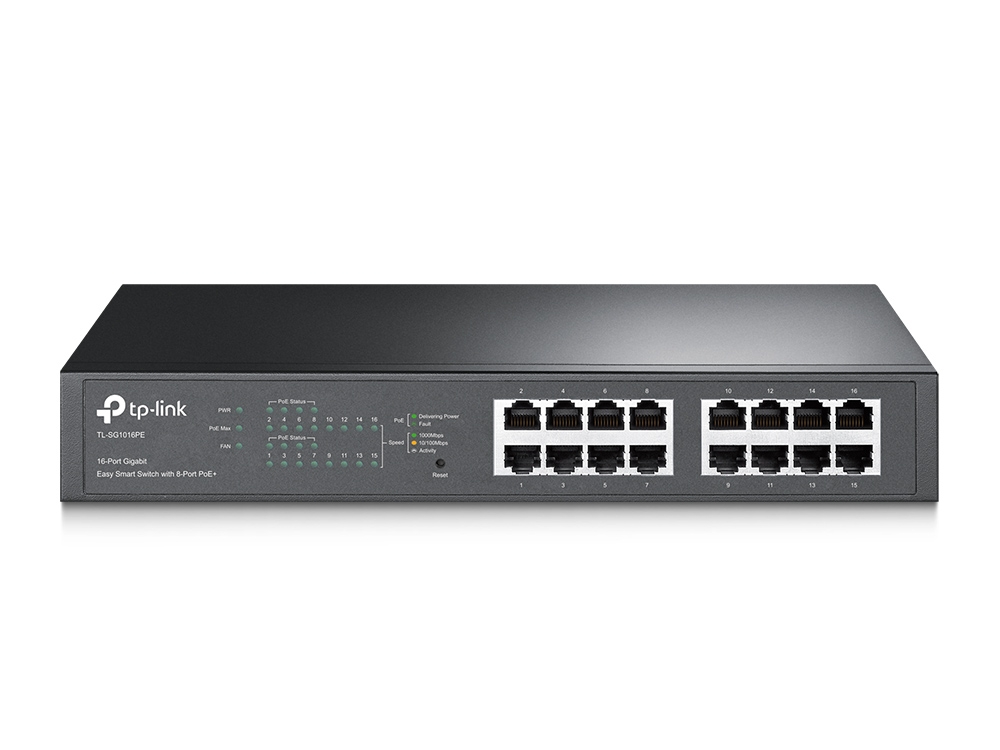 Pilt TP-LINK | Switch | TL-SG1016PE | Web Managed | Desktop/Rackmountable | 1 Gbps (RJ-45) ports quantity 16 | PoE ports quantity | PoE+ ports quantity 8 | Power supply type | 36 month(s)