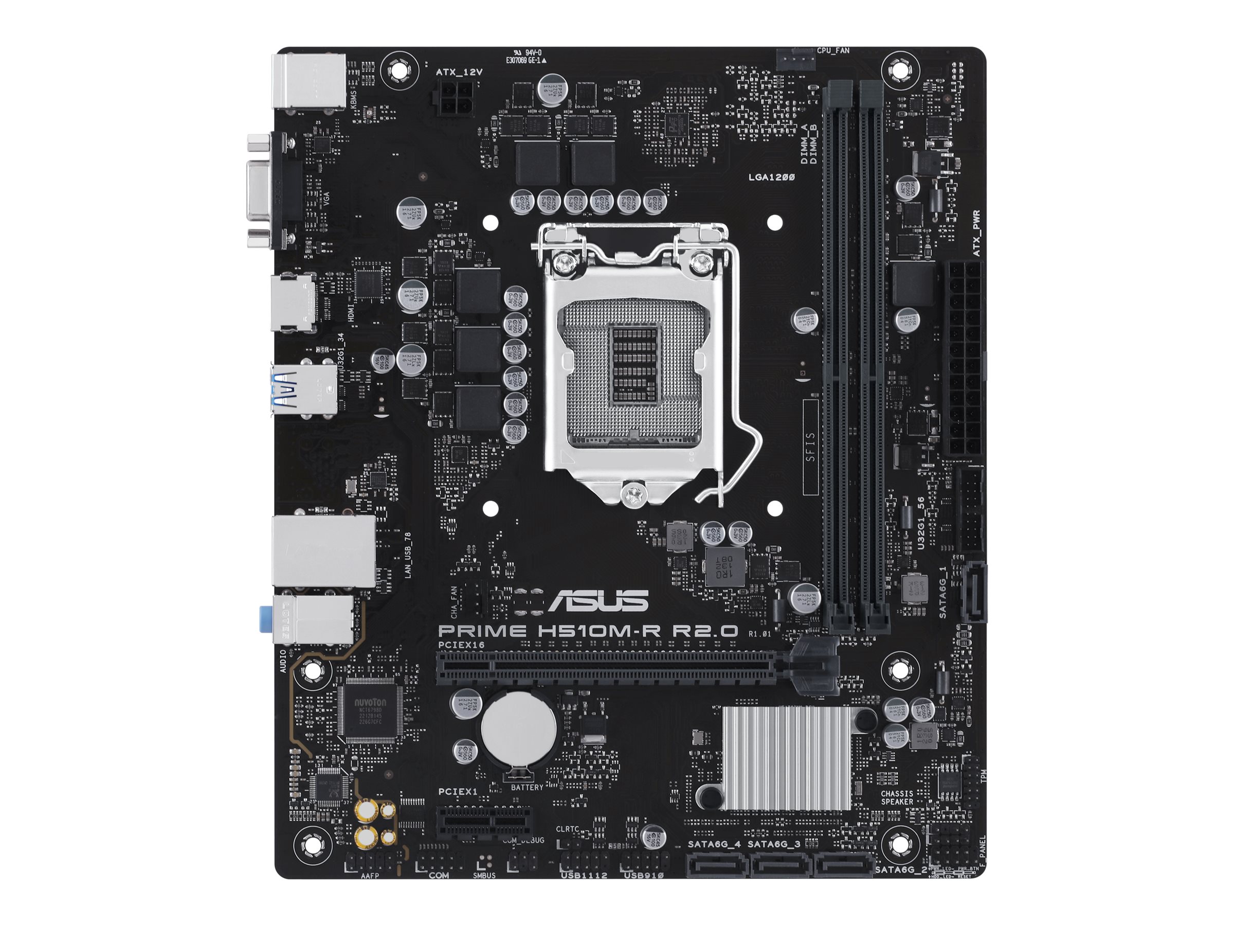 Pilt ASUS PRIME H510M-R R2.0-SI | Processor family Intel H470 | Processor socket 1 x LGA1200 Socket | 2 DIMM slots - DDR4, non-ECC, unbuffered | Supported hard disk drive interfaces SATA-600 | Number of SATA connectors 4