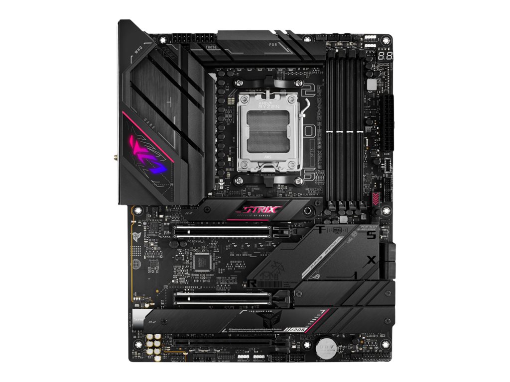 Pilt ASUS ROG STRIX B650E-E GAMING WIFI | Asus | Processor family Ryzen | Processor socket 1 x Socket AM5 | 4 DIMM slots - DDR5, non-ECC, on-die ECC, unbuffered | Supported hard disk drive interfaces SATA-600 (RAID), 4 x M.2 | Number of SATA connectors 4